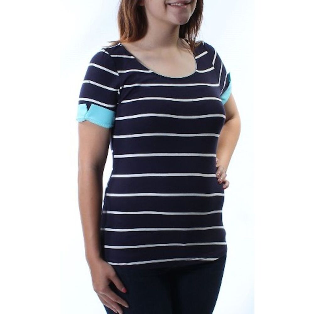 MON AMI Womens Navy White Striped Jewel Neck Cuffed Hi-Lo Top S